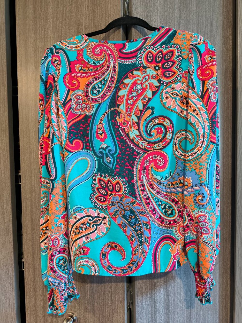 SHEIN Multi Color Blue Pink Boho Chic V-Neck Blouse Top Vacation Party Festival - Picture 2 of 8